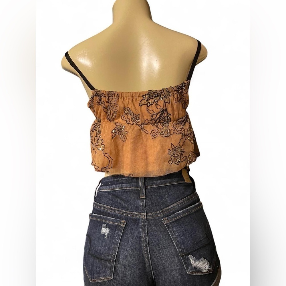 Anthropologie Tan Crop Top with Black Embroidery - Picture 3 of 5